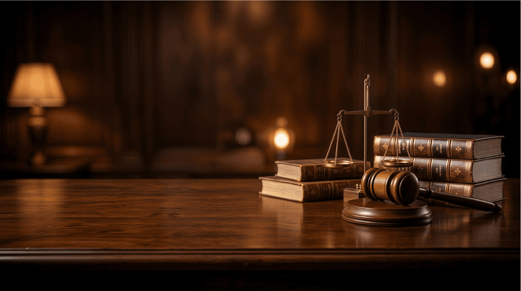 Scales of justice, gavel, and law books in a professional legal office